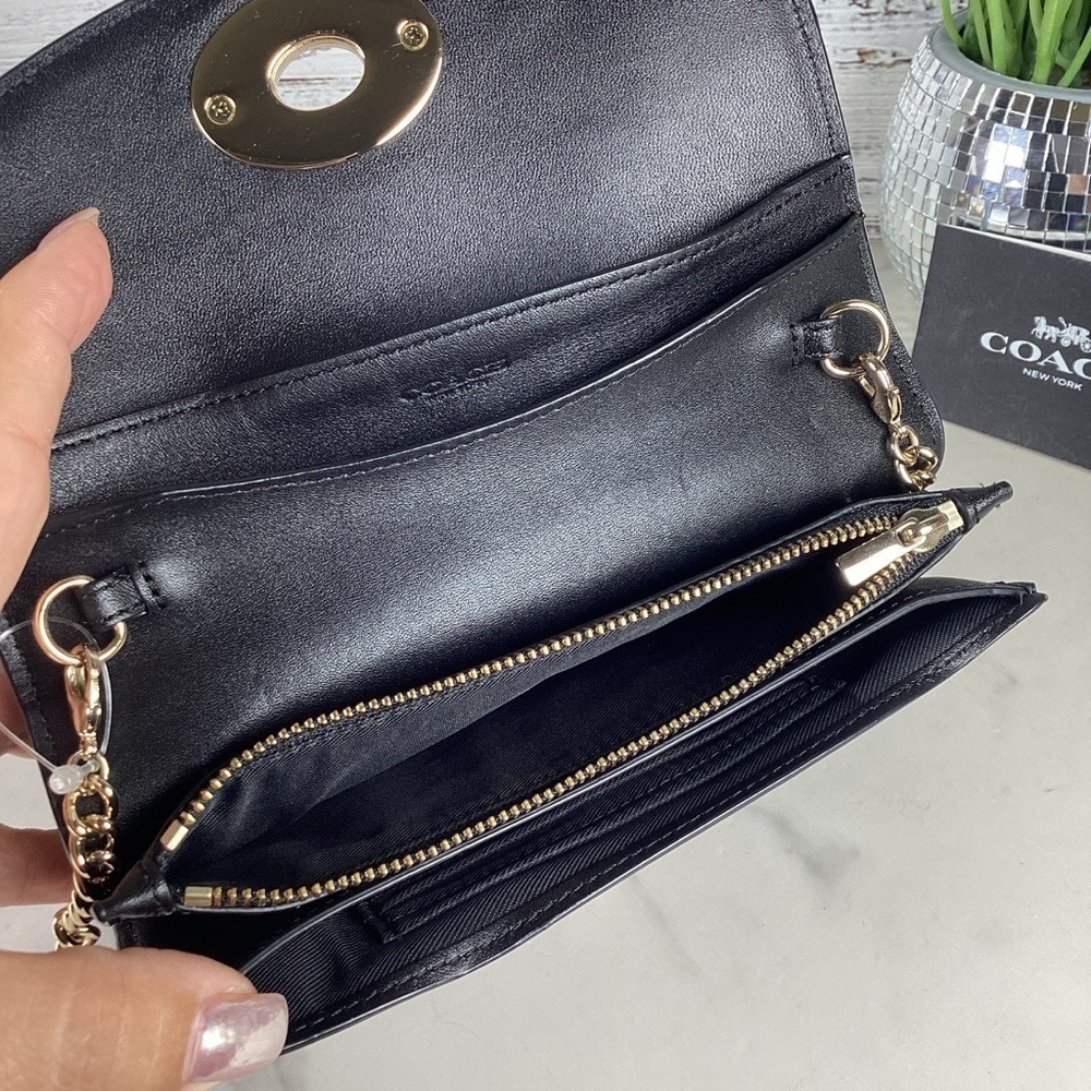Coach #53277 Black Soft Leather Clutch Wallet with Gold Chain - Picture 9 of 10